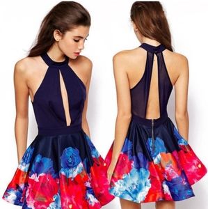 Floral Halter Cutout Mini Skater Dress